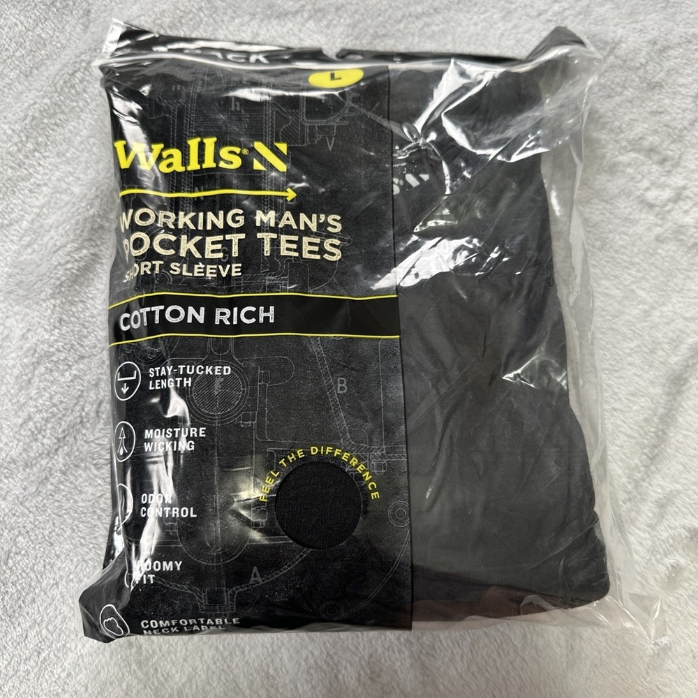 NEW Walls Working Man's Pocket Tees Cotton Rich Large Black Short Sleeve 2 Pack